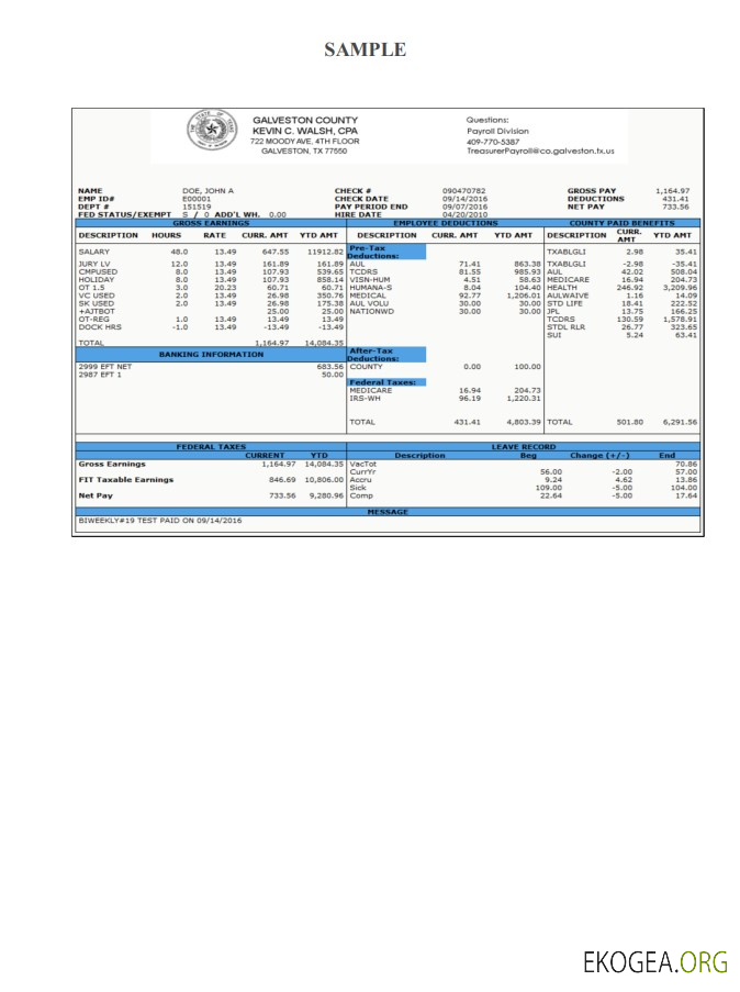 Talon de chèque de paie du comté de Galveston